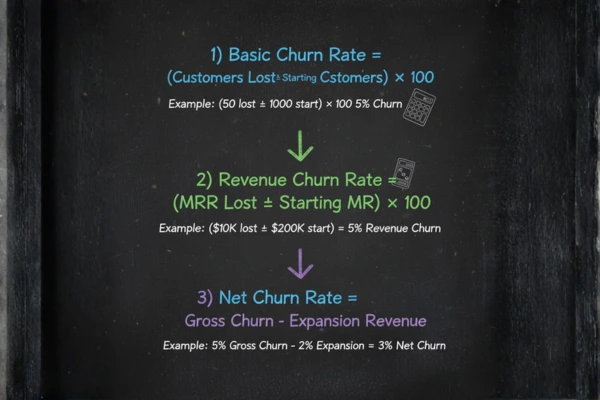 Step-by-step churn rate calculation formulas with example: customer churn, revenue churn, and net churn