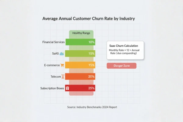 Industry churn rate benchmarks: SaaS 10%, E-commerce 15%, Telecom 20%, Financial 8%, Subscription 25% with healthy/danger zones